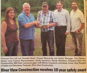RiverView Construction receives 10 year safety reward