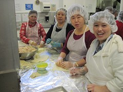 Our chefs made two varieties of egg rolls: pork and vegetable. 