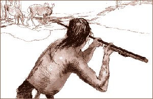 This illustration features a hunter using an atlatl to kill caribou.