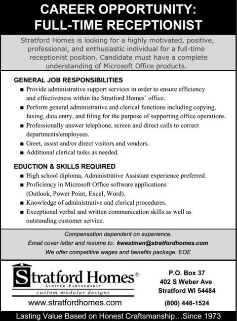 Career Opportunity at Stratford Homes - Full Time Receptionist Needed