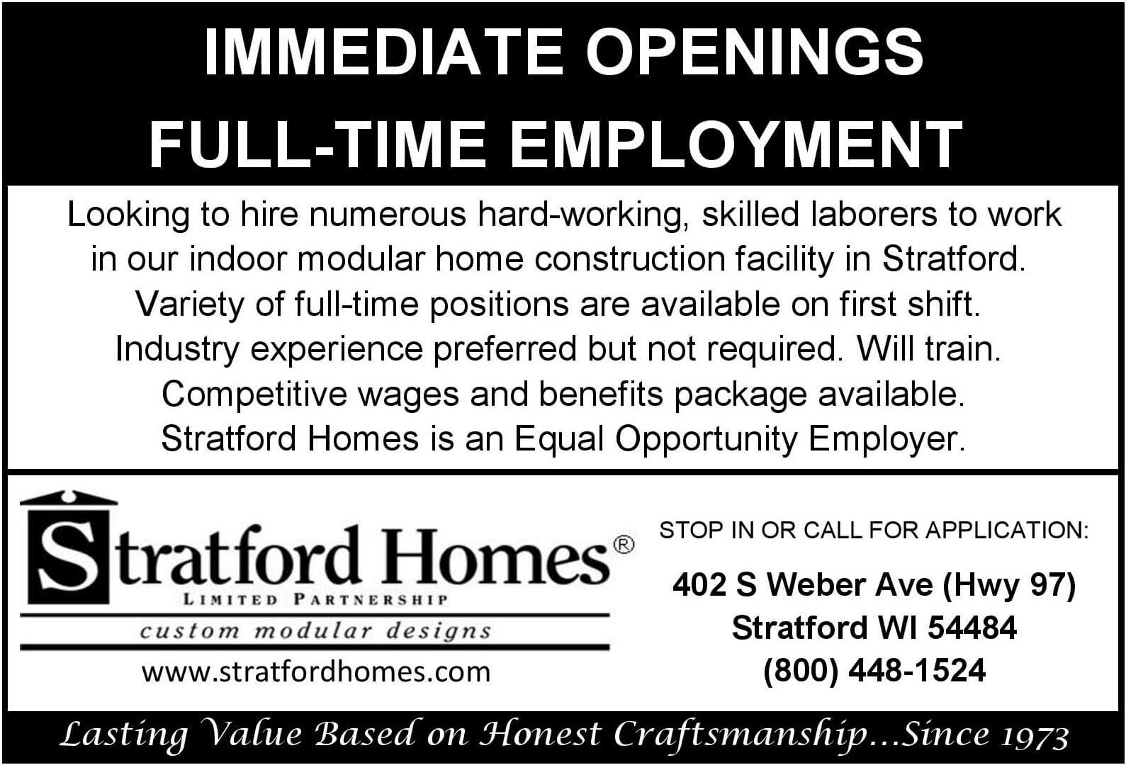 Immediate Openings - Full-Time Employment