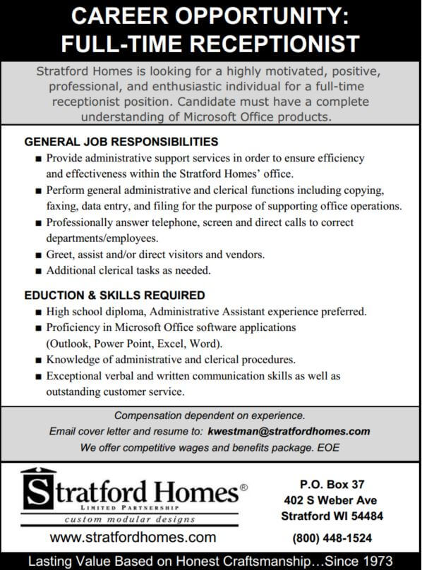 Full-time receptionist job description
