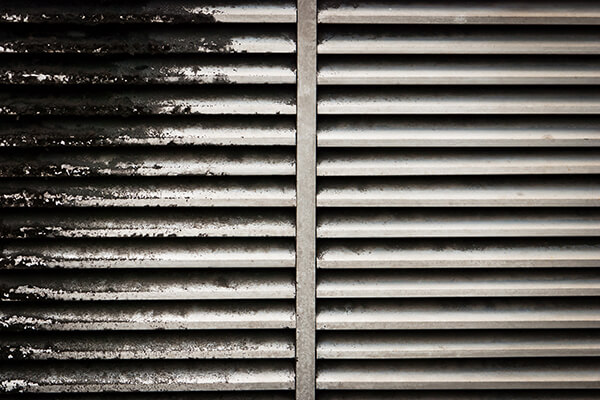 Dark mold growth covering one side of a commercial ventilation grille