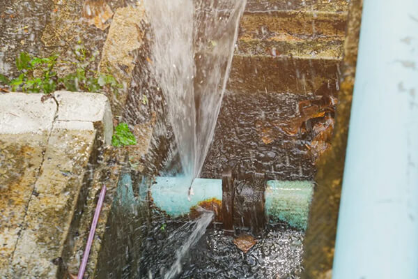 Broken underground water pipe spraying water into an excavation