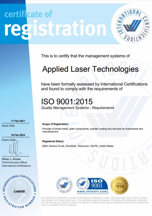 Applied Laser Technologies is an ISO:9001:2015 quality certified sheet metal fabricator.
